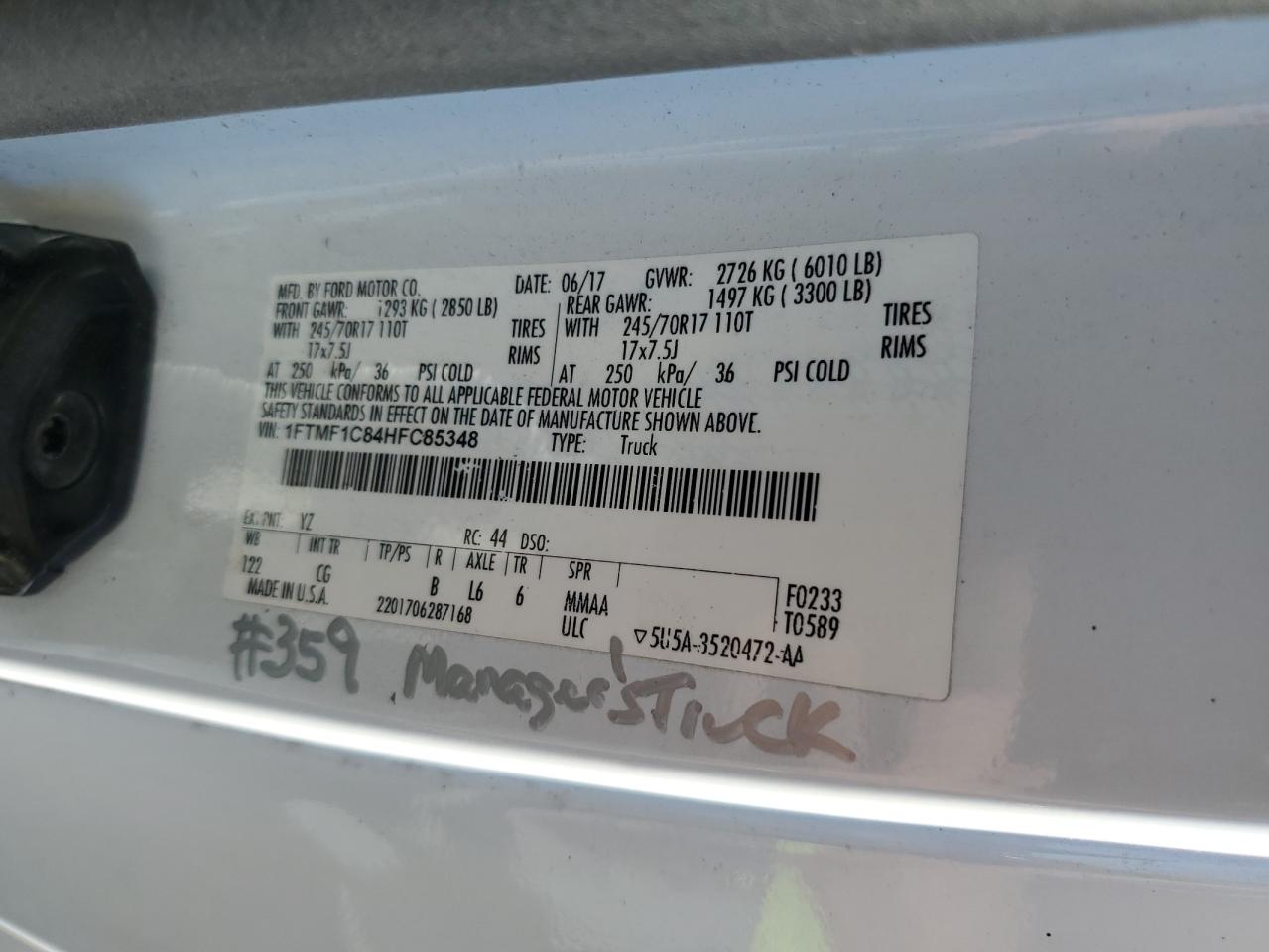 2017 Ford F150 VIN: 1FTMF1C84HFC85348 Lot: 85295985