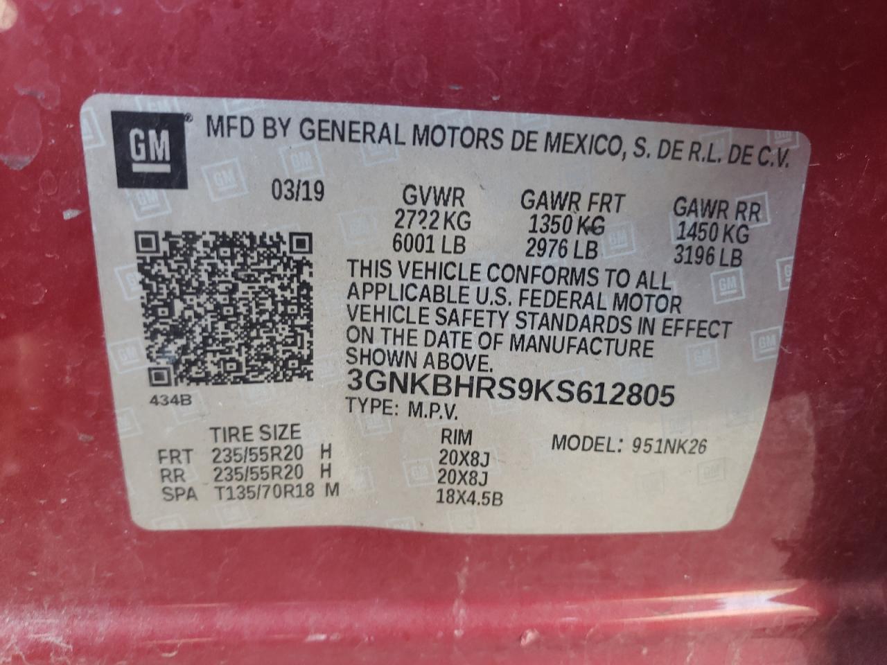 2019 Chevrolet Blazer 3Lt VIN: 3GNKBHRS9KS612805 Lot: 84908645