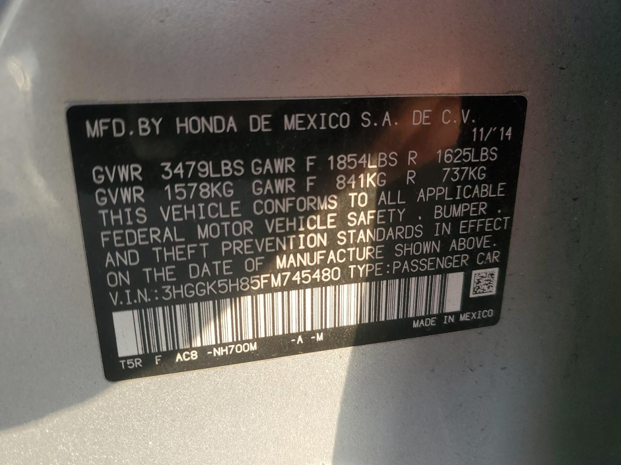 2015 Honda Fit Ex VIN: 3HGGK5H85FM745480 Lot: 89632275