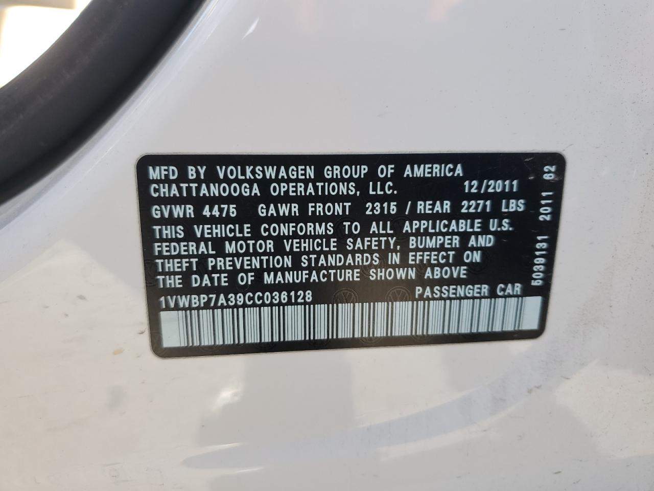 2012 Volkswagen Passat Se VIN: 1VWBP7A39CC036128 Lot: 86231625