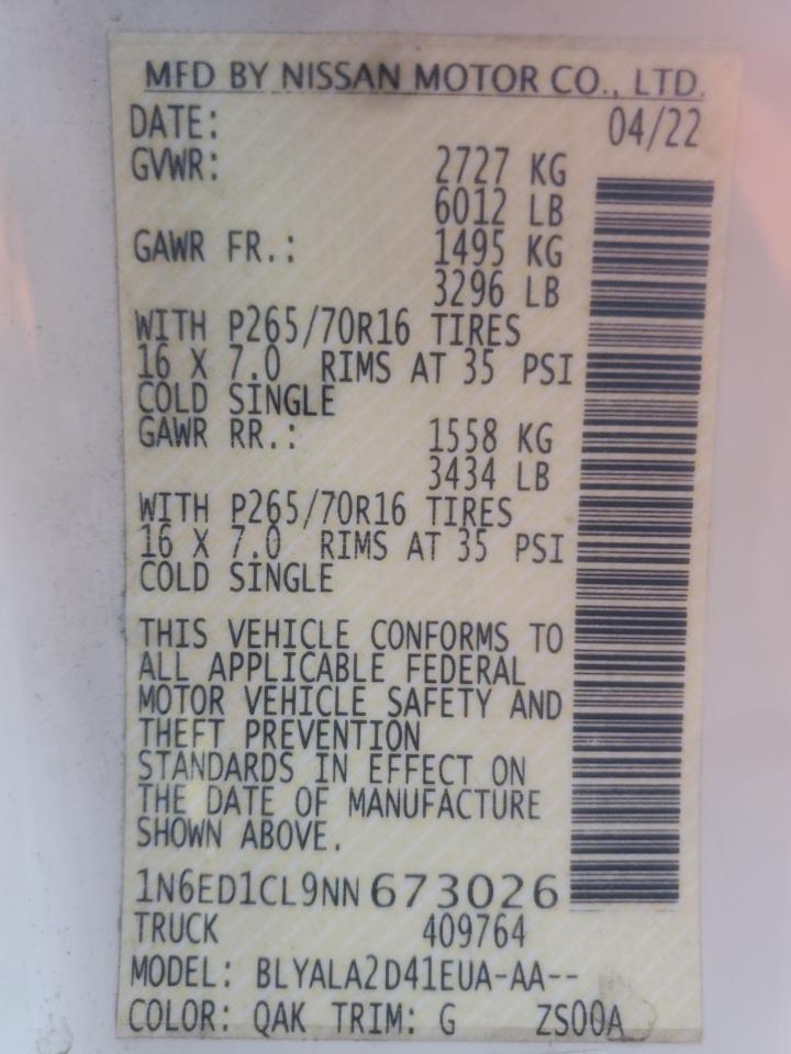 2022 Nissan Frontier S VIN: 1N6ED1CL9NN673026 Lot: 86508945