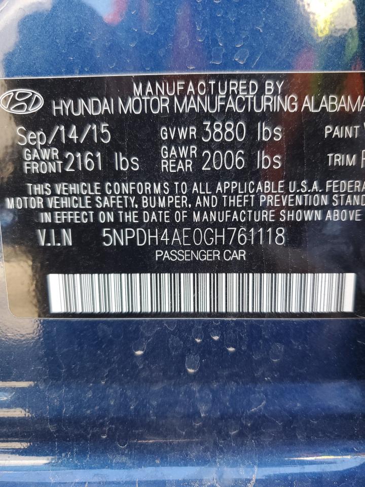 2016 Hyundai Elantra Se VIN: 5NPDH4AE0GH761118 Lot: 86598745