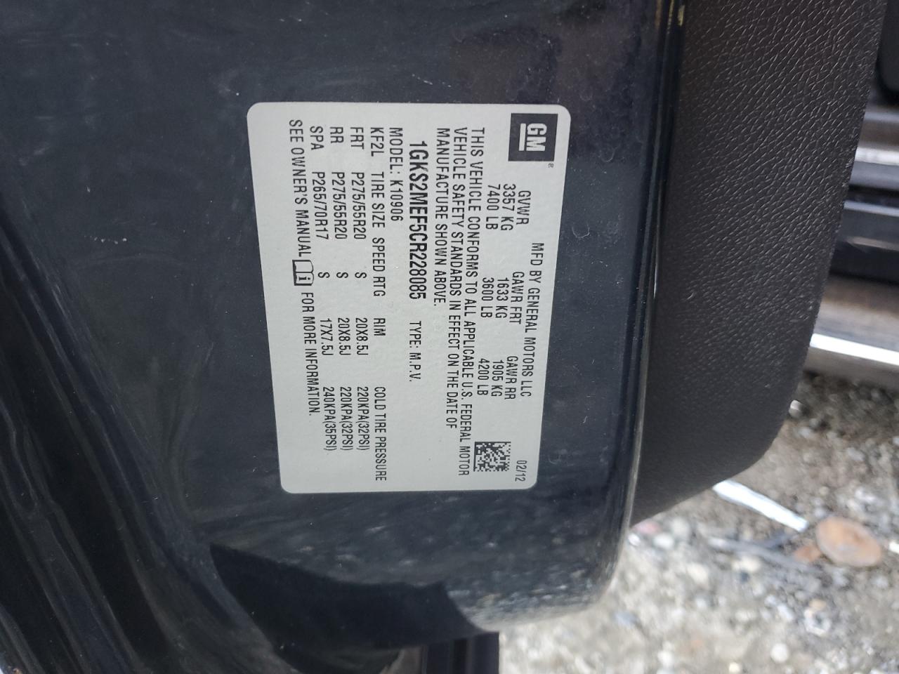 2012 GMC Yukon Xl Denali VIN: 1GKS2MEF5CR228085 Lot: 86874025