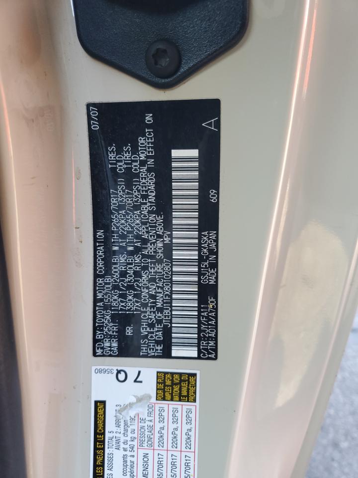 2008 Toyota Fj Cruiser VIN: JTEBU11FX80102807 Lot: 90727505