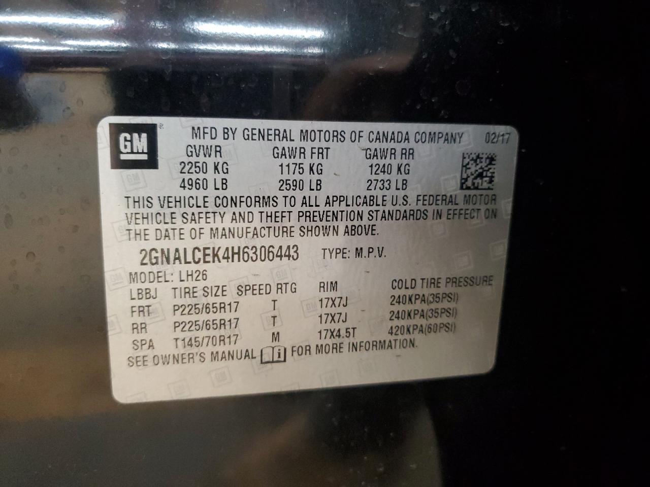 2017 Chevrolet Equinox Lt VIN: 2GNALCEK4H6306443 Lot: 85869125