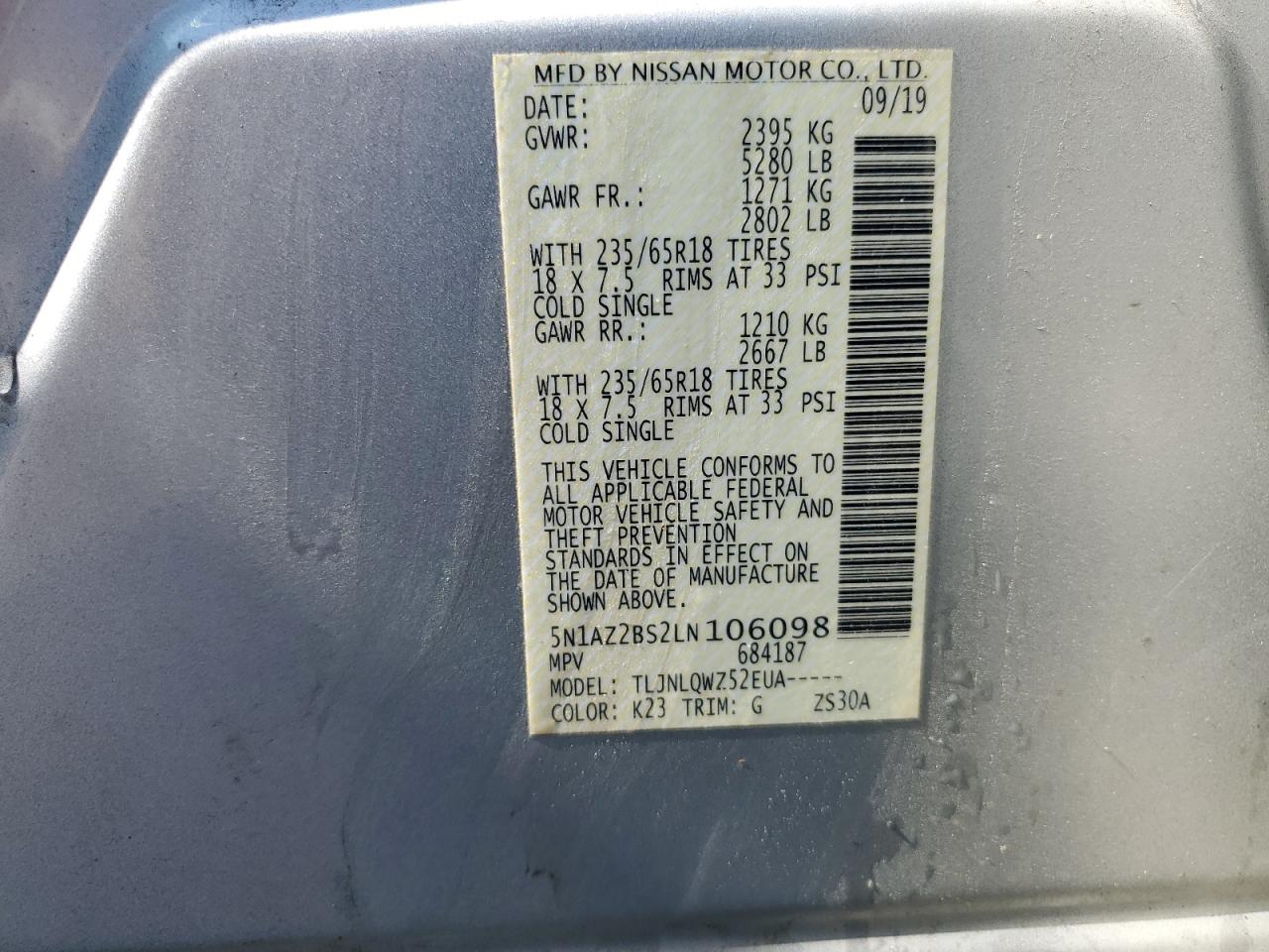 2020 Nissan Murano Sv VIN: 5N1AZ2BS2LN106098 Lot: 85728785