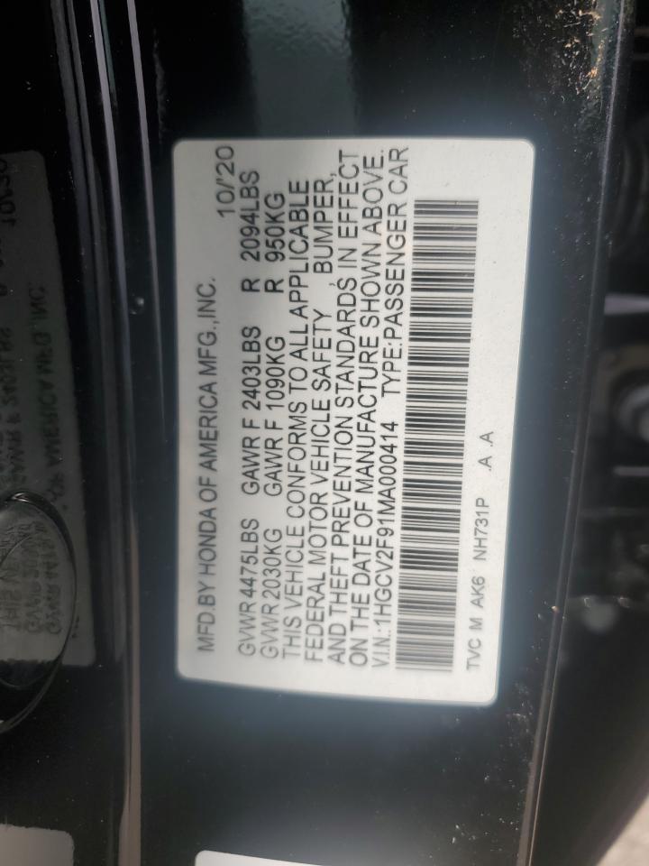 2021 Honda Accord Touring VIN: 1HGCV2F91MA000414 Lot: 84884995