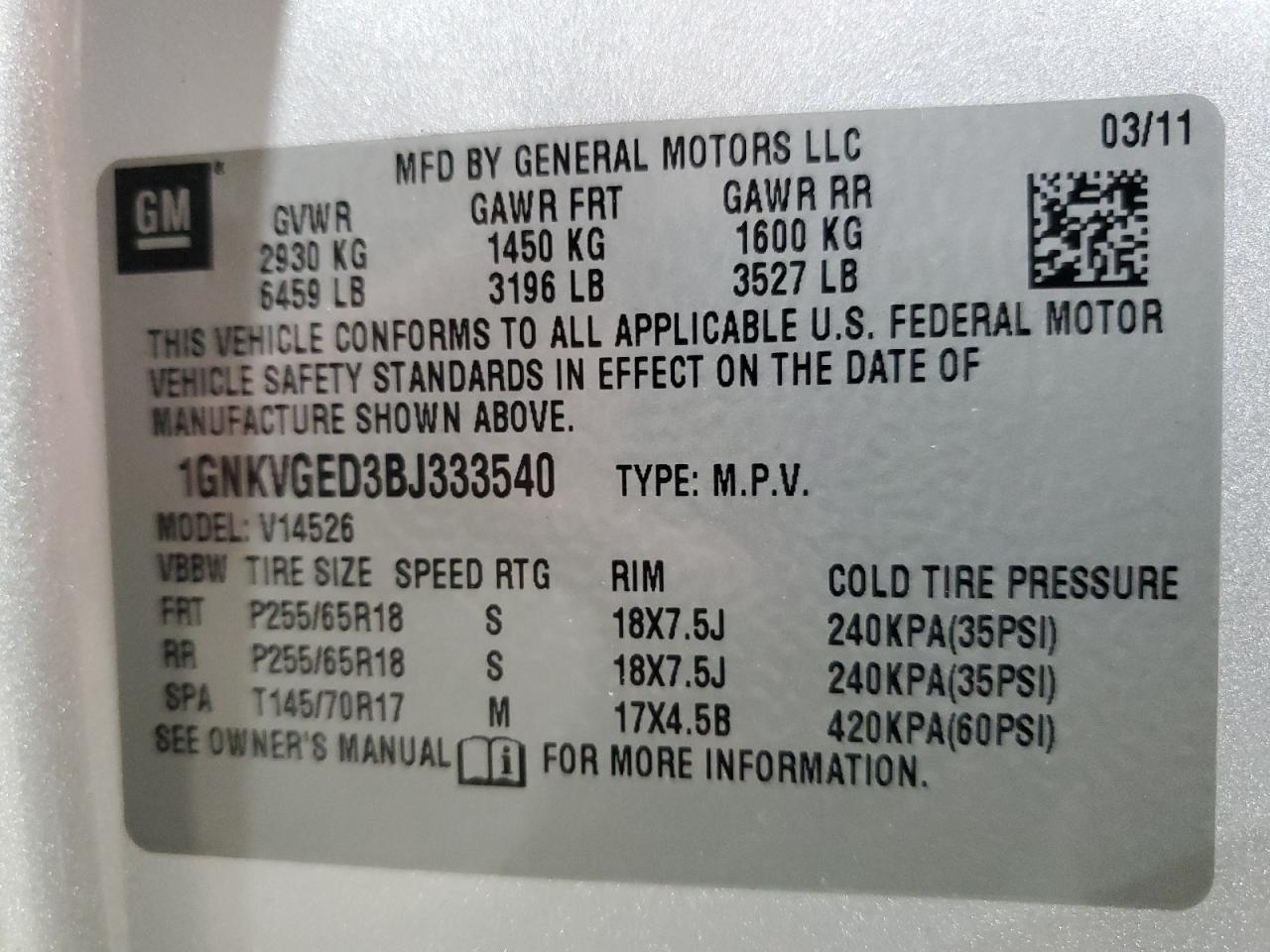 2011 Chevrolet Traverse Lt VIN: 1GNKVGED3BJ333540 Lot: 84818565