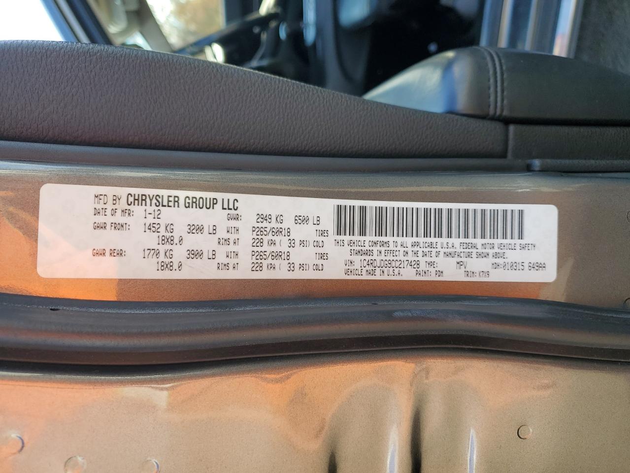 2012 Dodge Durango Crew VIN: 1C4RDJDG9CC217428 Lot: 89511705