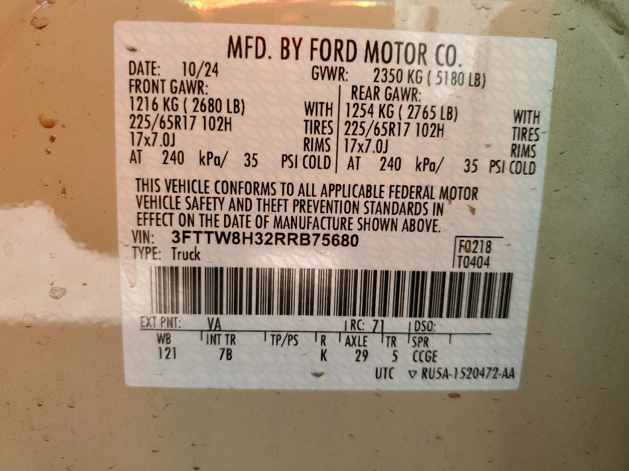 2024 Ford Maverick Xlt VIN: 3FTTW8H32RRB75680 Lot: 84788655