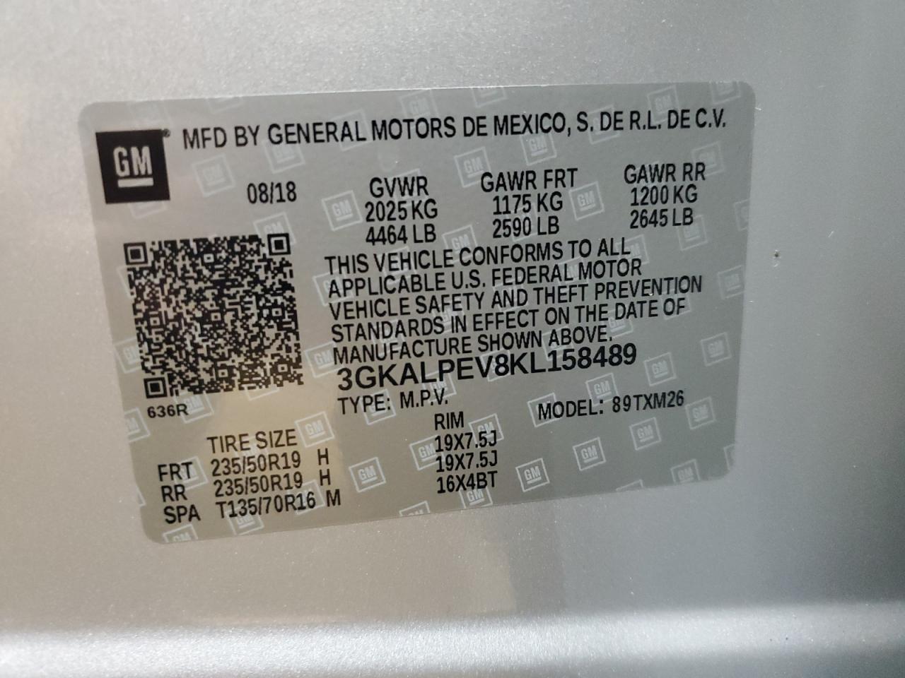 2019 GMC Terrain Slt VIN: 3GKALPEV8KL158489 Lot: 82310045