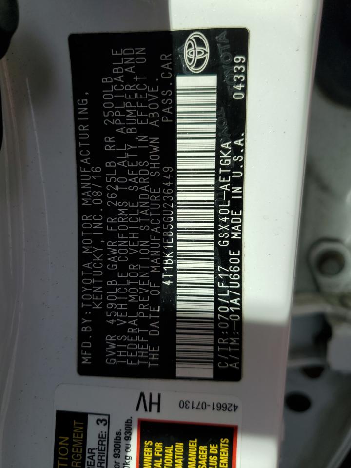 2016 Toyota Avalon Xle VIN: 4T1BK1EB5GU236449 Lot: 86220725