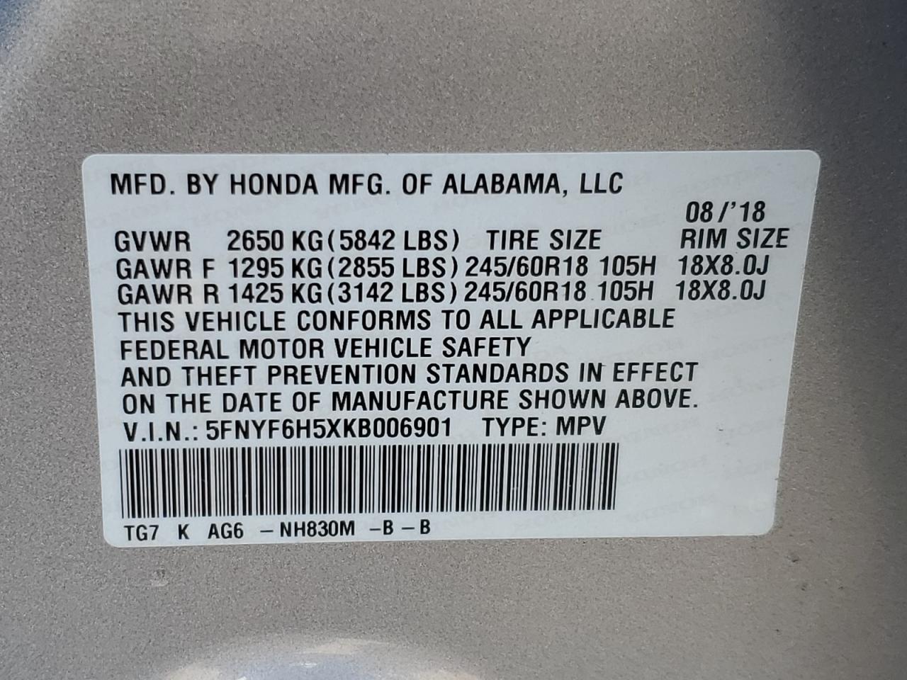 2019 Honda Pilot Exl VIN: 5FNYF6H5XKB006901 Lot: 82580925