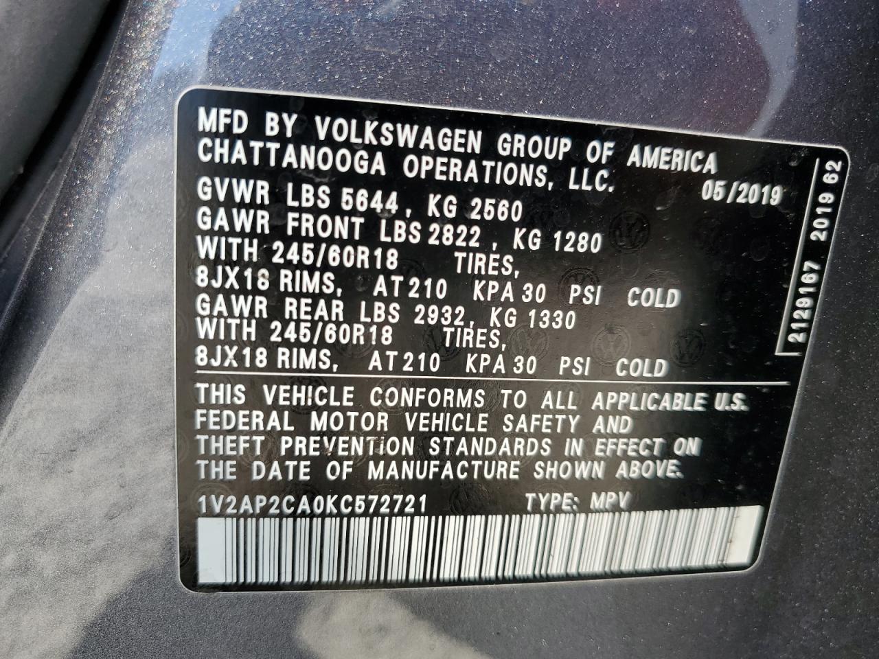2019 Volkswagen Atlas S VIN: 1V2AP2CA0KC572721 Lot: 86808465