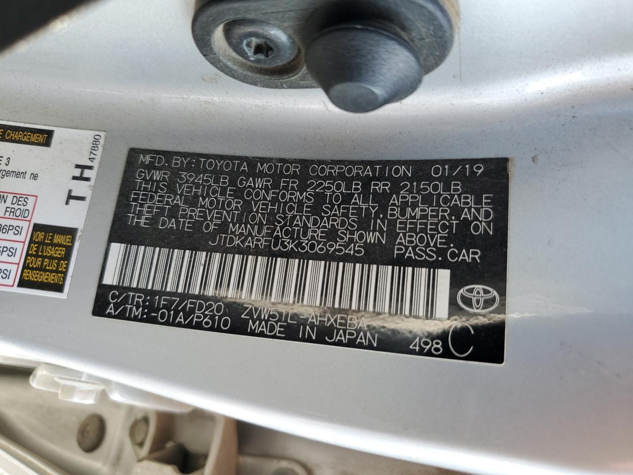 2019 Toyota Prius VIN: JTDKARFU3K3069545 Lot: 82601715