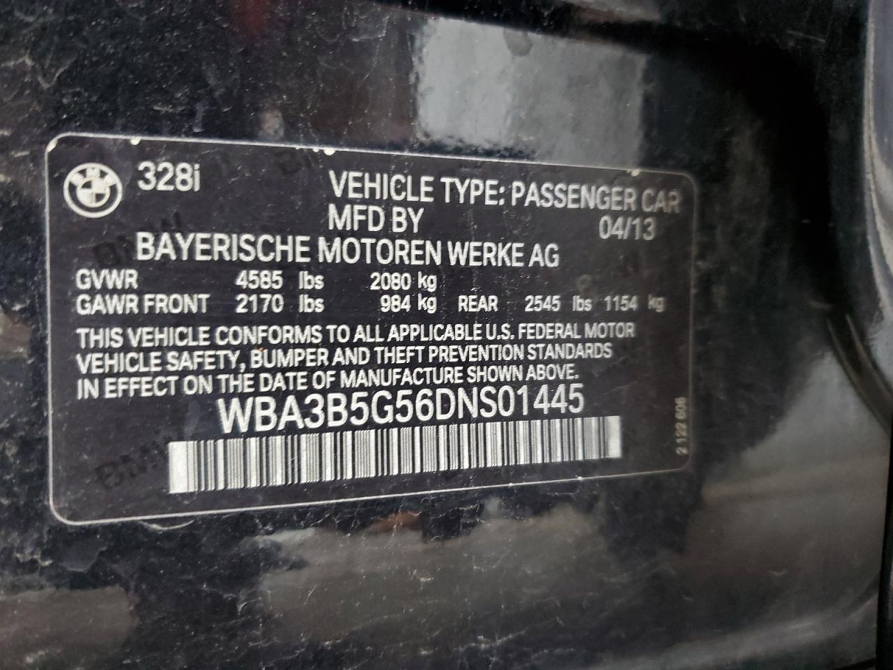 2013 BMW 328 Xi Sulev VIN: WBA3B5G56DNS01445 Lot: 85890175