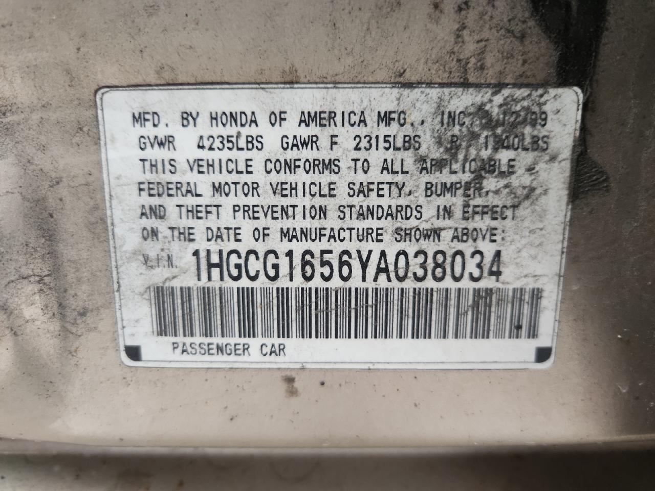 2000 Honda Accord Ex VIN: 1HGCG1656YA038034 Lot: 87463025