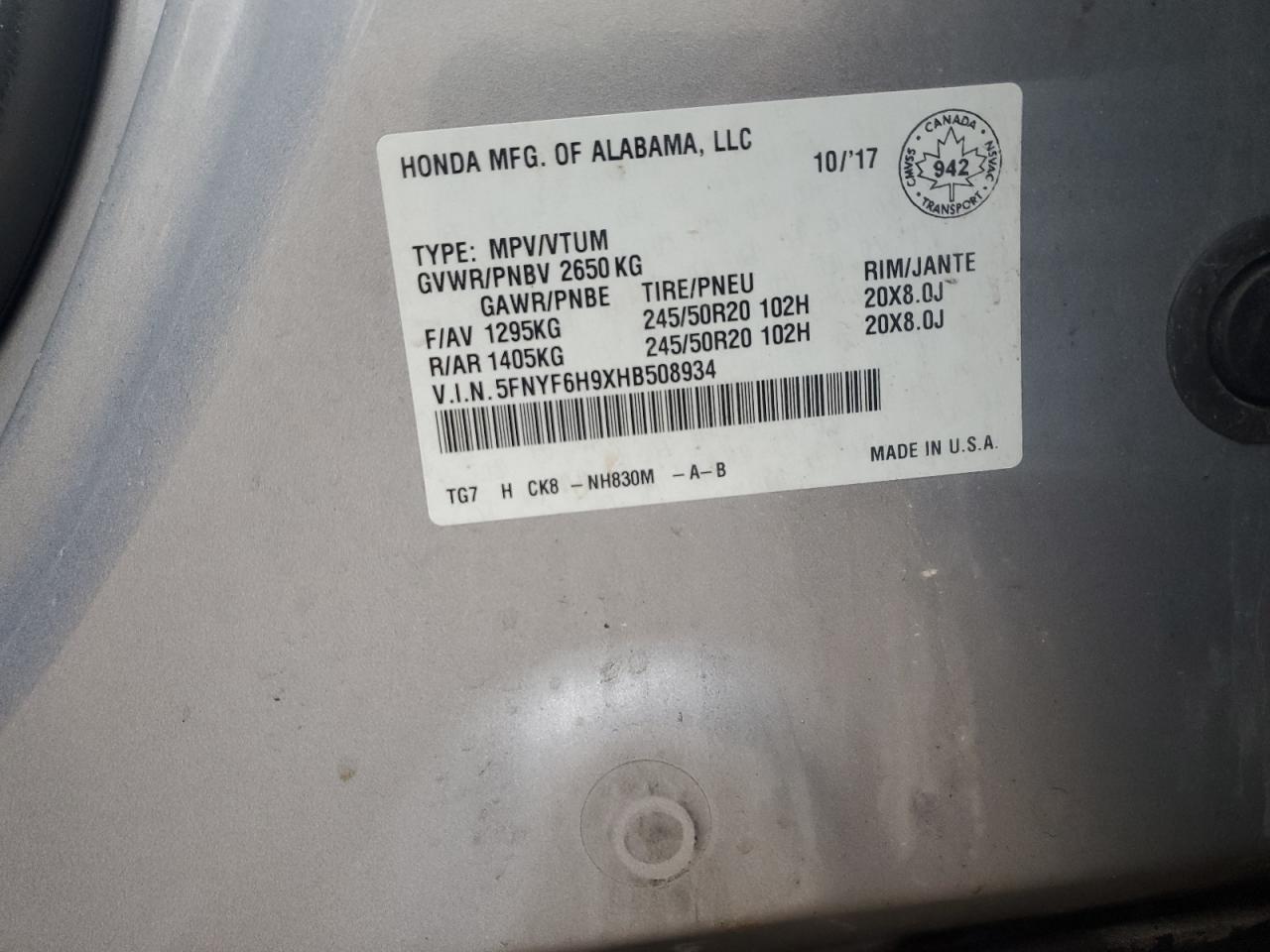 2017 Honda Pilot Touring VIN: 5FNYF6H9XHB508934 Lot: 86219025