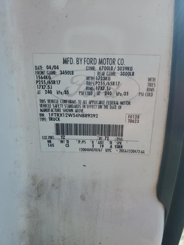 2004 Ford F150 VIN: 1FTRX12W54NB89392 Lot: 86187405