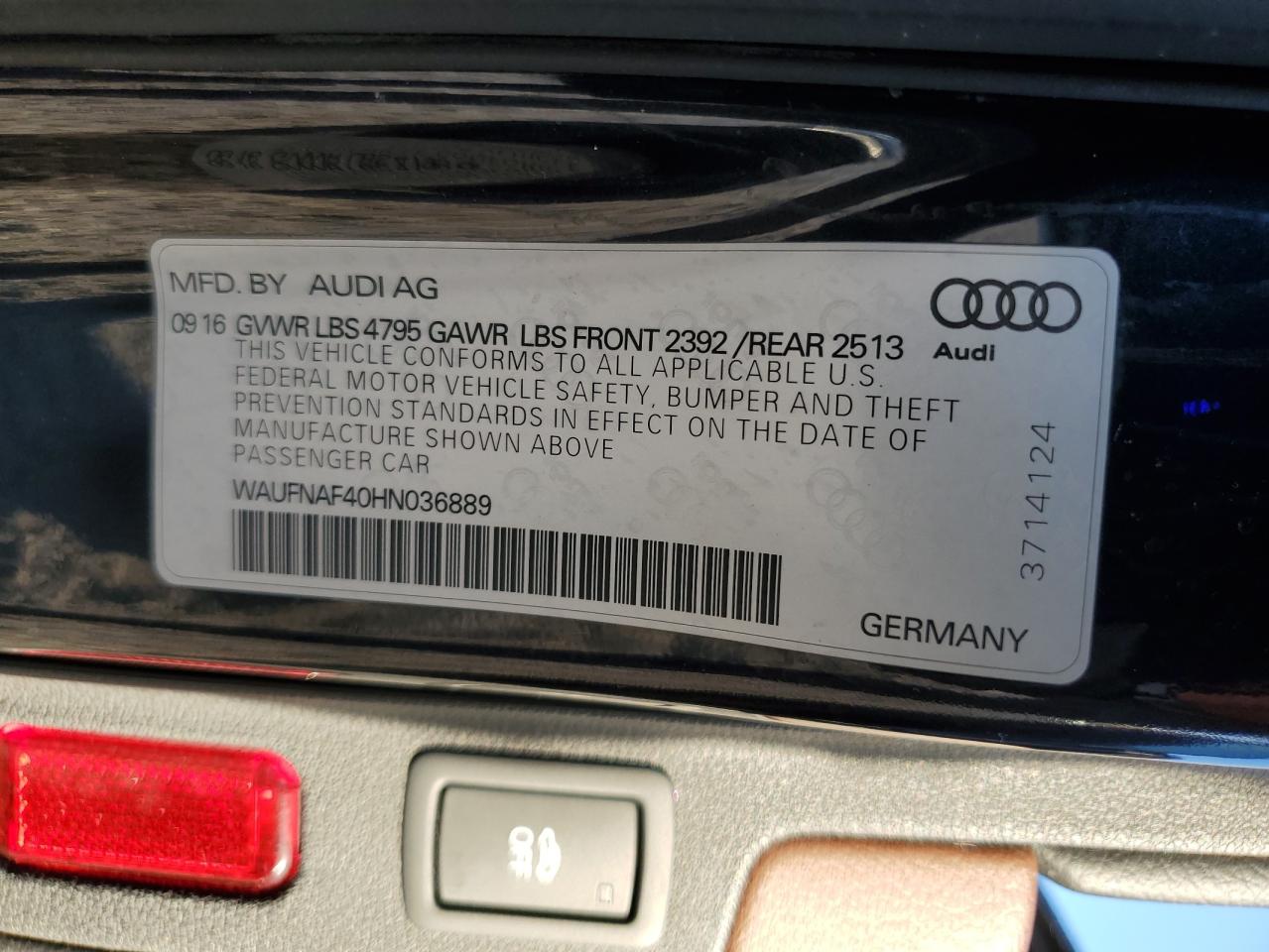 2017 Audi A4 Prestige VIN: WAUFNAF40HN036889 Lot: 85289015