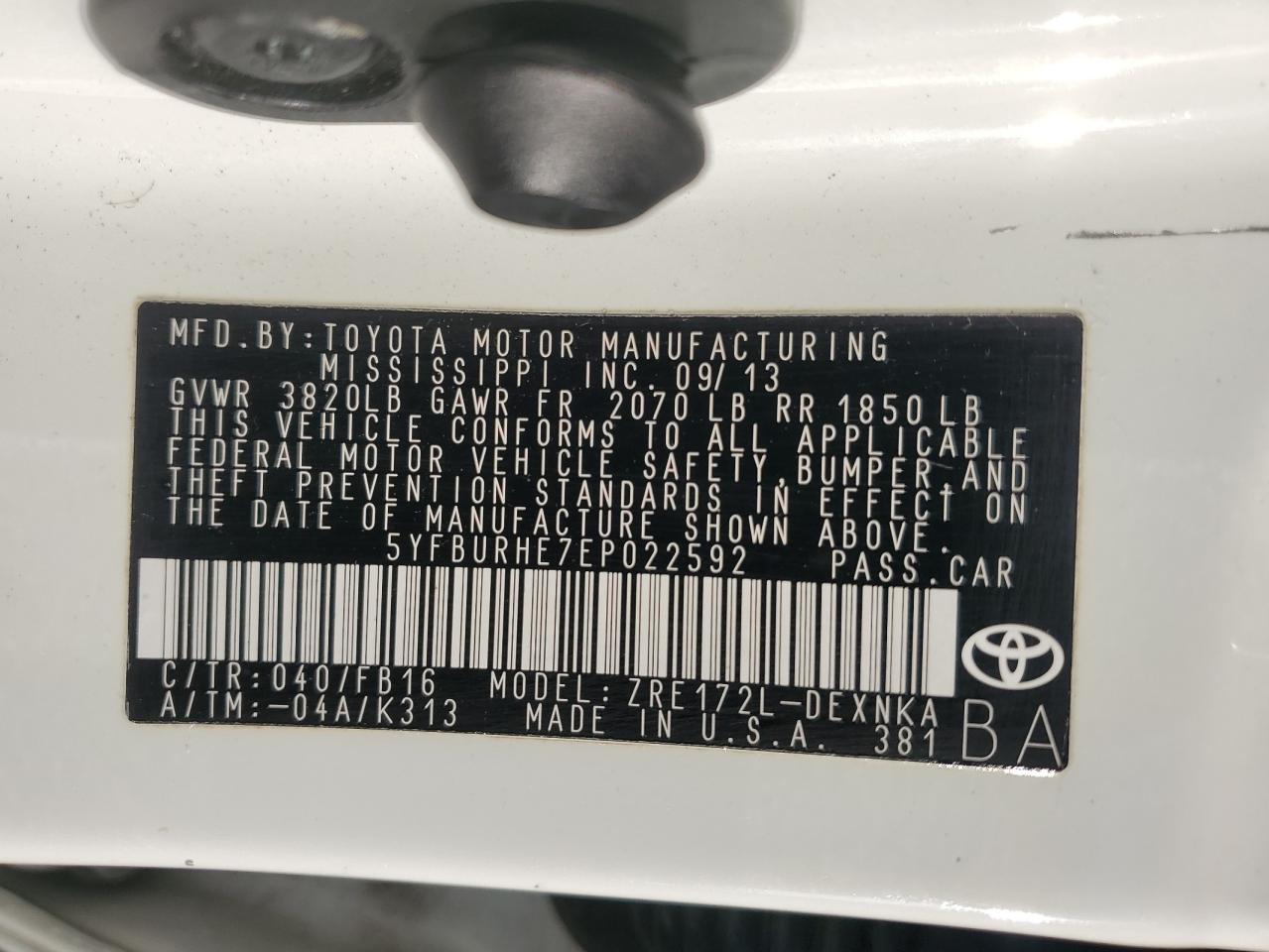 2014 Toyota Corolla L VIN: 5YFBURHE7EP022592 Lot: 84658255