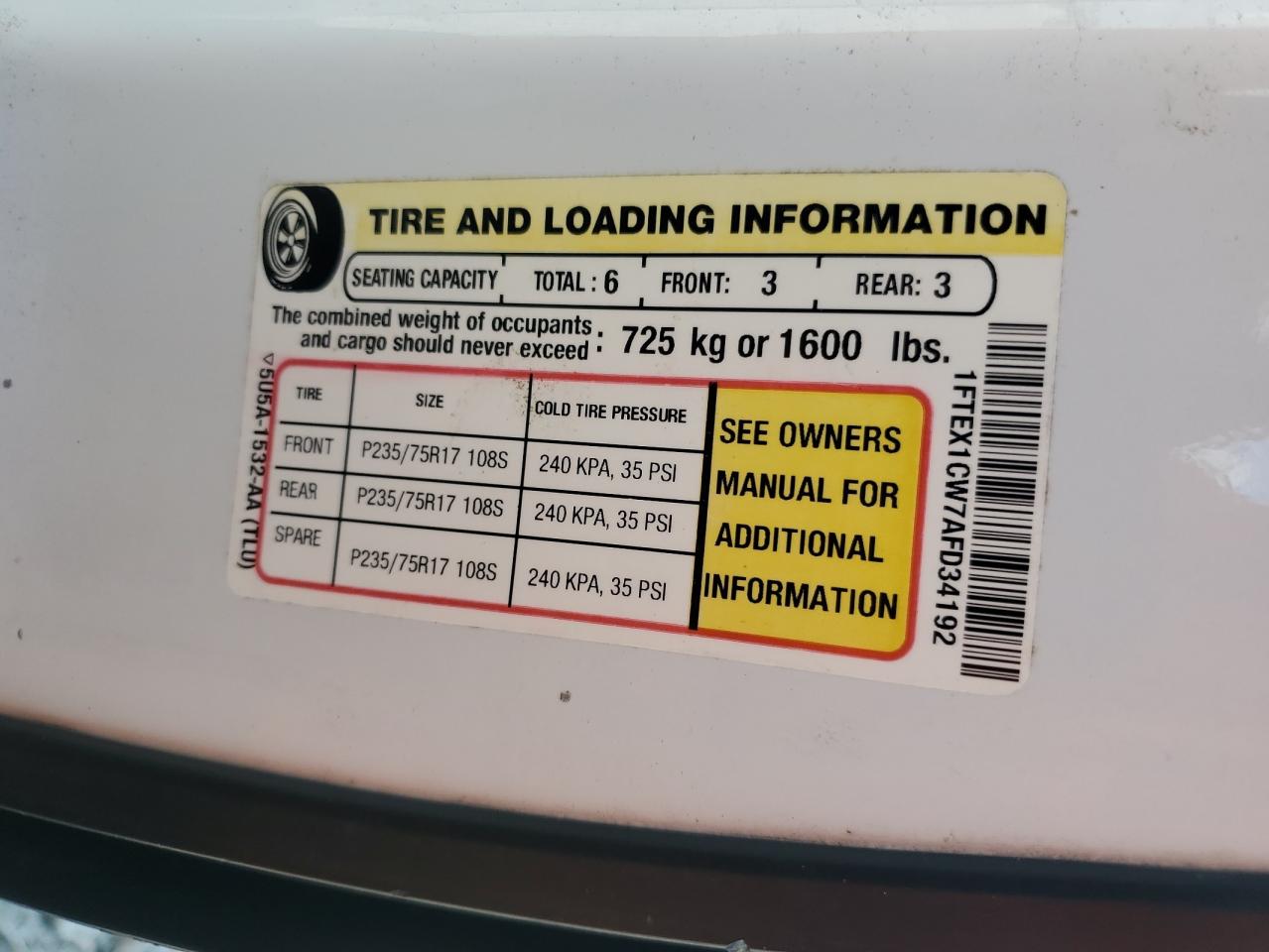 2010 Ford F150 Super Cab VIN: 1FTEX1CW7AFD34192 Lot: 85826445