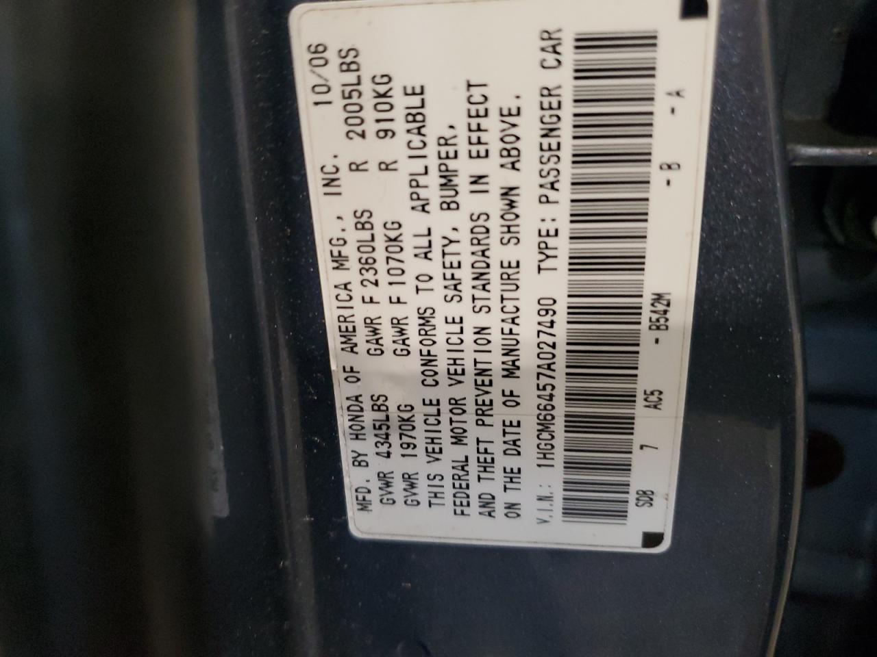 2007 Honda Accord Se VIN: 1HGCM66457A027490 Lot: 86295095