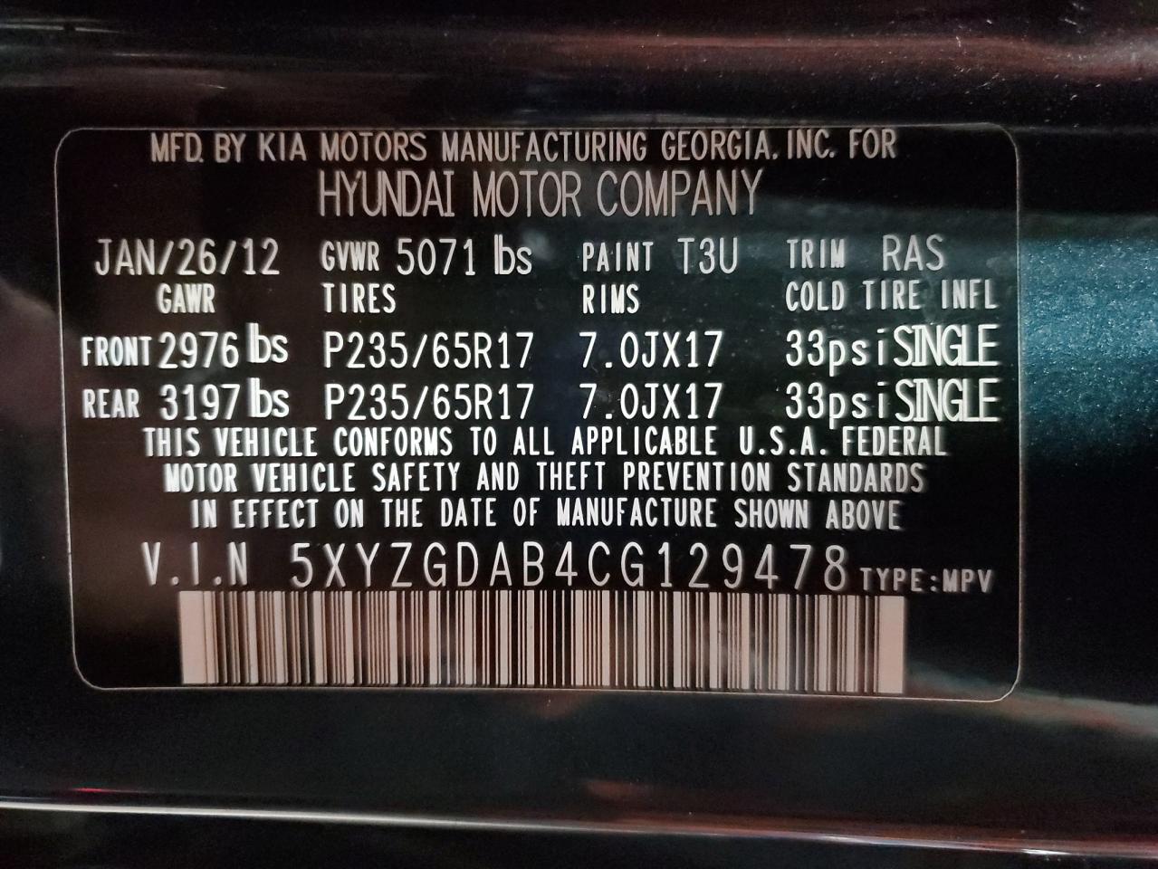 2012 Hyundai Santa Fe Gls VIN: 5XYZGDAB4CG129478 Lot: 84935845