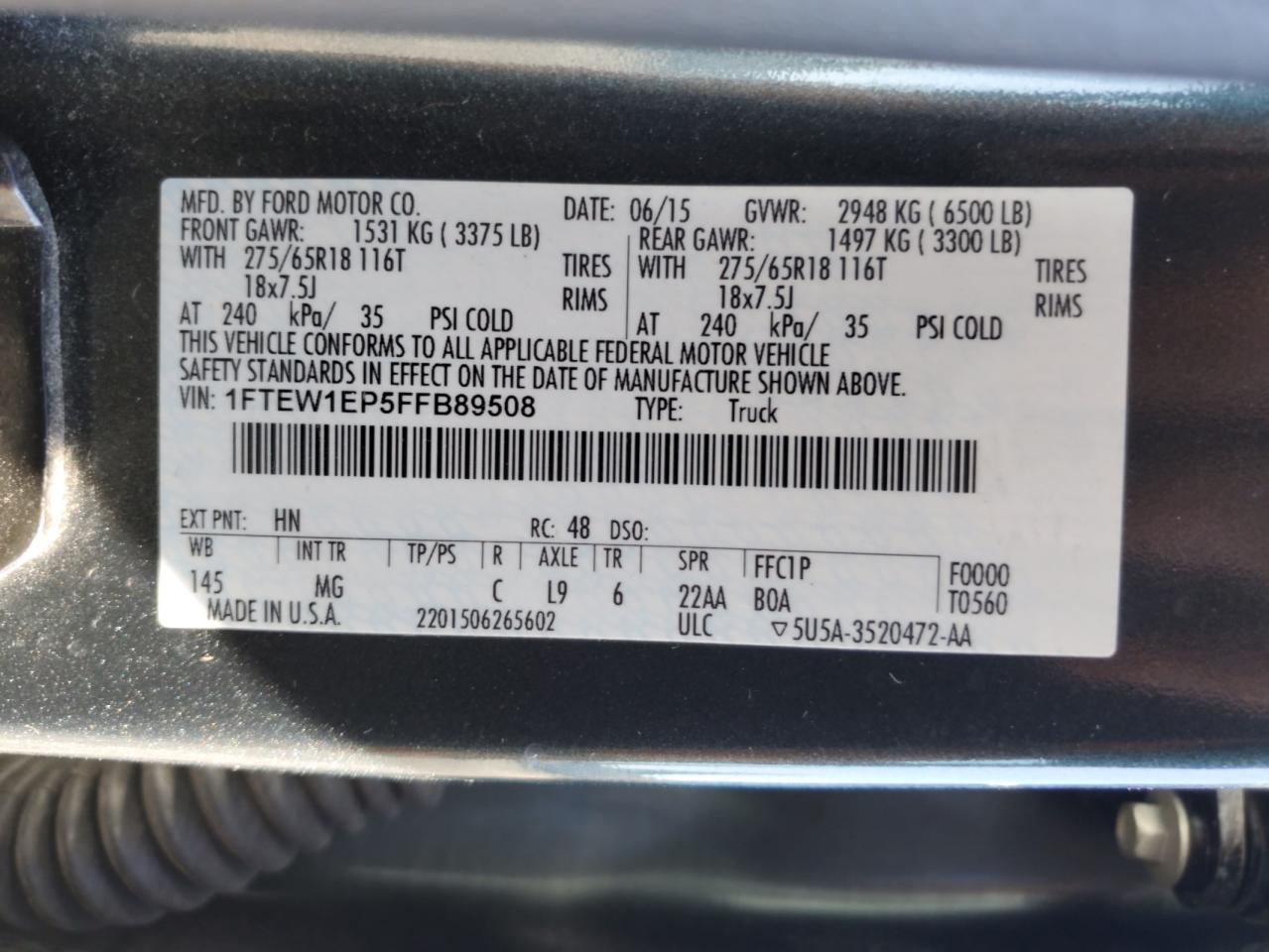 2015 Ford F150 Supercrew VIN: 1FTEW1EP5FFB89508 Lot: 82351525