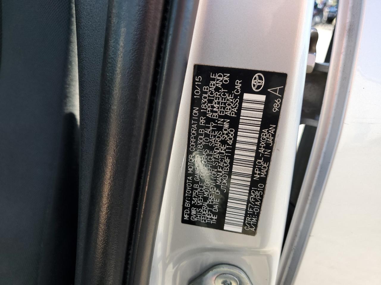 2015 Toyota Prius C VIN: JTDKDTB34F1114060 Lot: 87466785