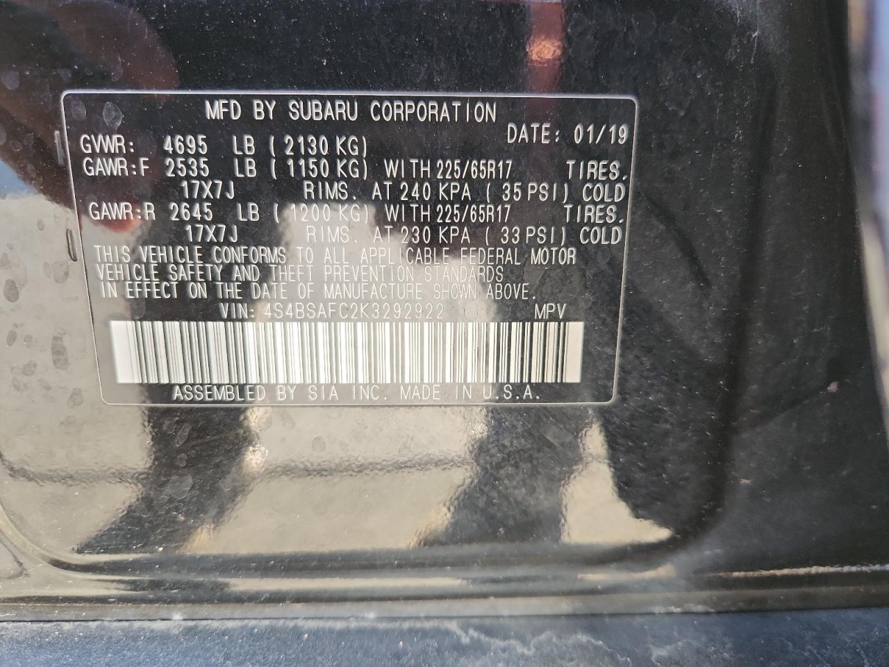 2019 Subaru Outback 2.5I Premium VIN: 4S4BSAFC2K3292922 Lot: 86333525