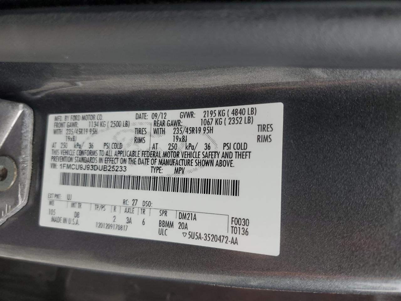 2013 Ford Escape Titanium VIN: 1FMCU9J93DUB25233 Lot: 85113645