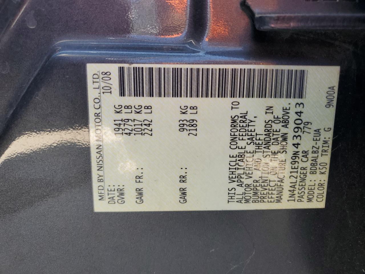 2009 Nissan Altima 2.5 VIN: 1N4AL21E99N439043 Lot: 82195515