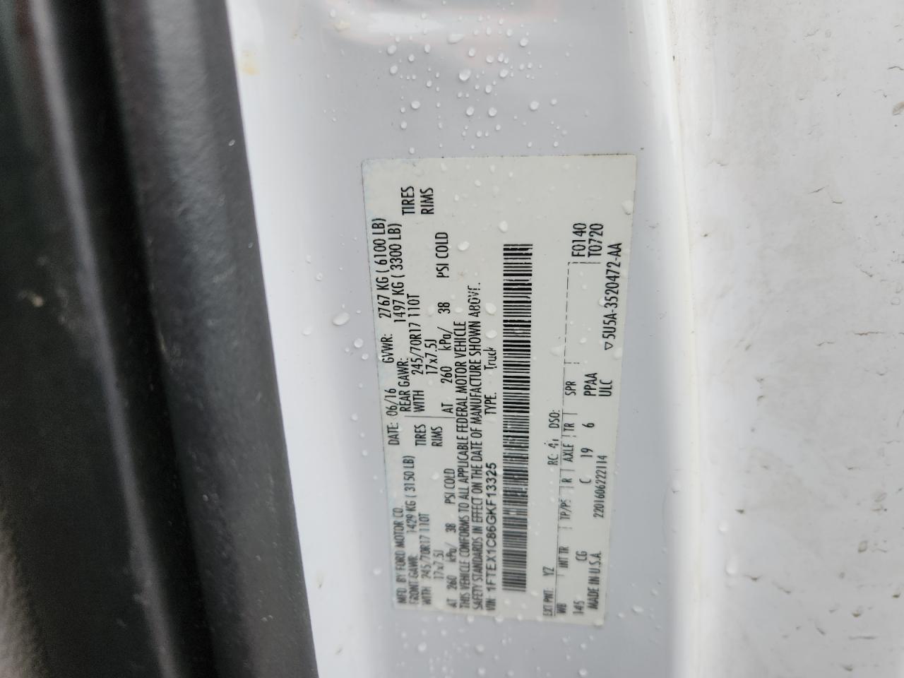 2016 Ford F150 Super Cab VIN: 1FTEX1C86GKF13325 Lot: 90852395