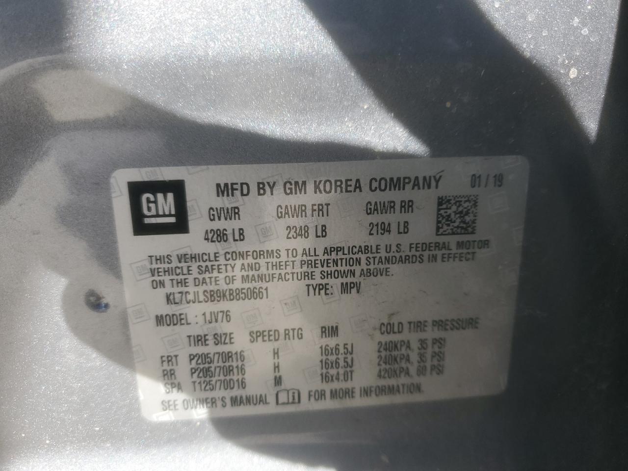 2019 Chevrolet Trax 1Lt VIN: KL7CJLSB9KB850661 Lot: 70131425