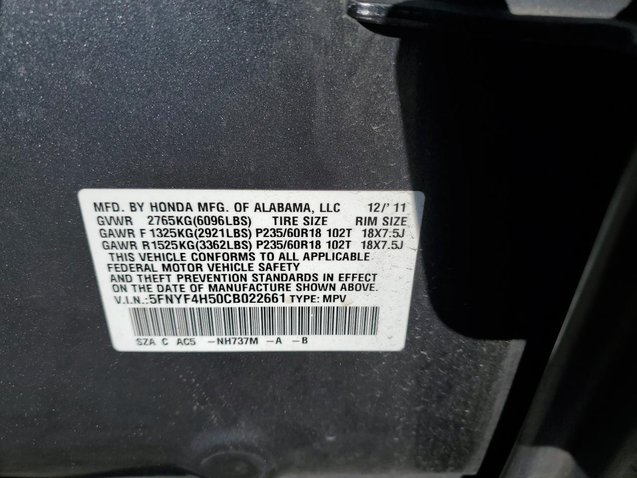 2012 Honda Pilot Exl VIN: 5FNYF4H50CB022661 Lot: 85713645