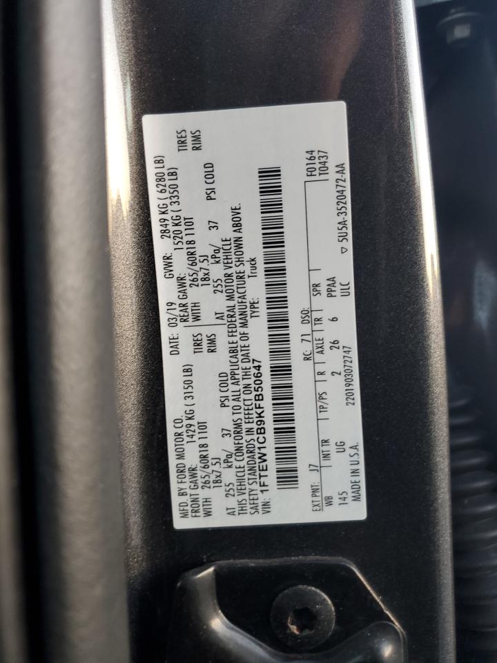 2019 Ford F150 Supercrew VIN: 1FTEW1CB9KFB50647 Lot: 82442695