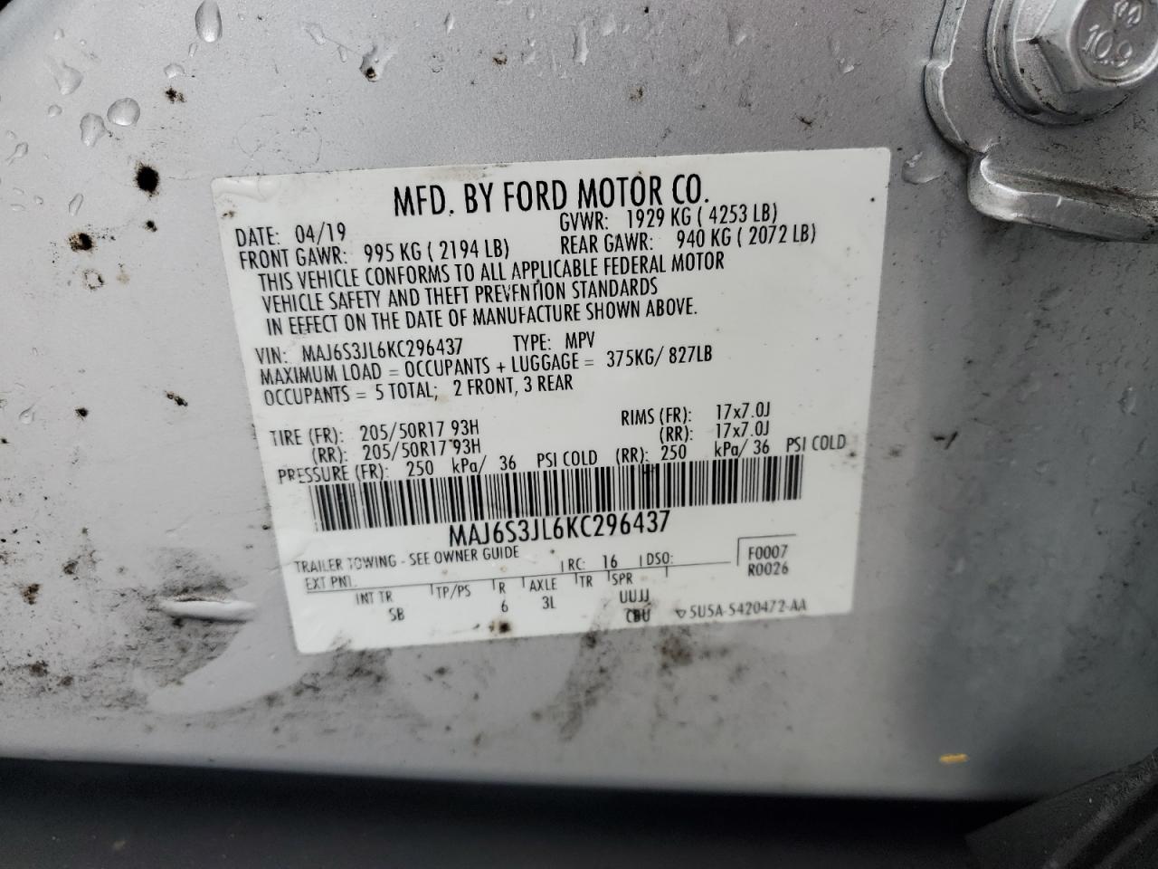 2019 Ford Ecosport Ses VIN: MAJ6S3JL6KC296437 Lot: 86167945