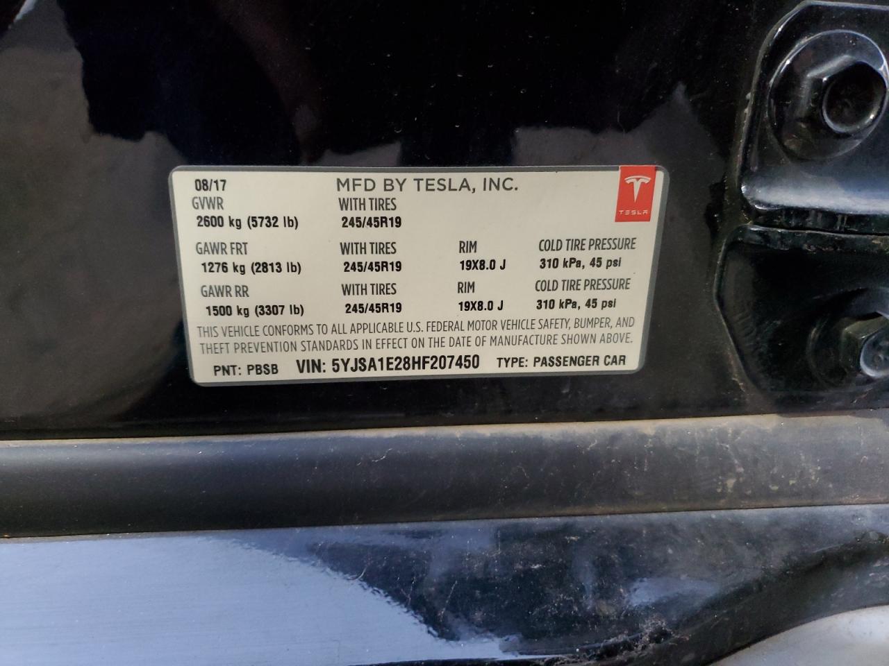 2017 Tesla Model S VIN: 5YJSA1E28HF207450 Lot: 87220205