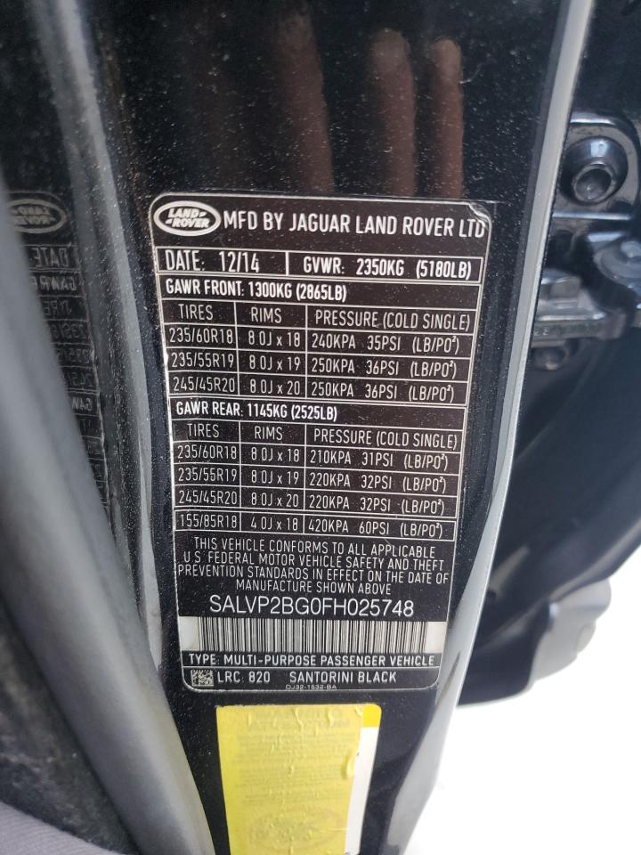 2015 Land Rover Range Rover Evoque Pure Plus VIN: SALVP2BG0FH025748 Lot: 86317435