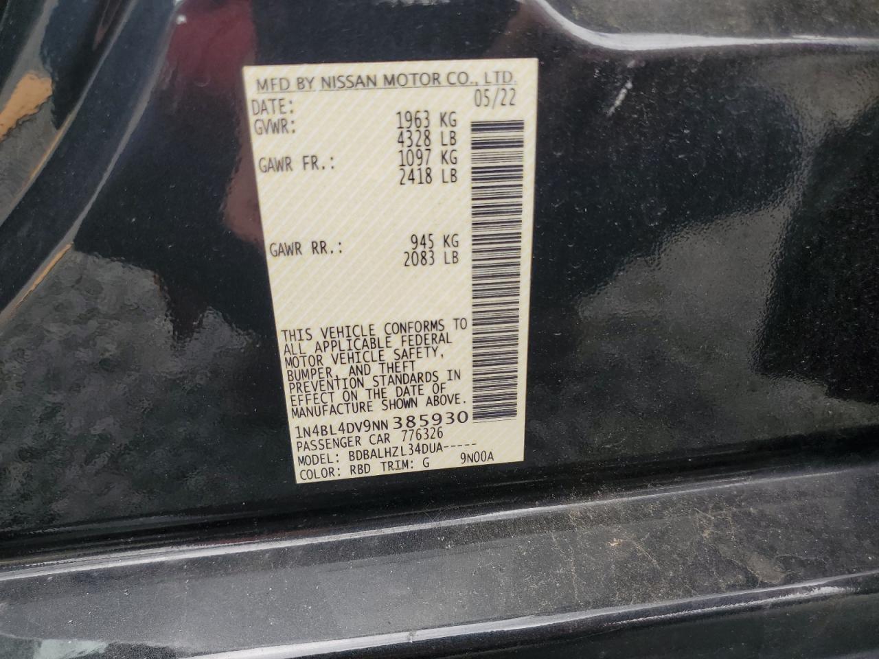 2022 Nissan Altima Sv VIN: 1N4BL4DV9NN385930 Lot: 82310725