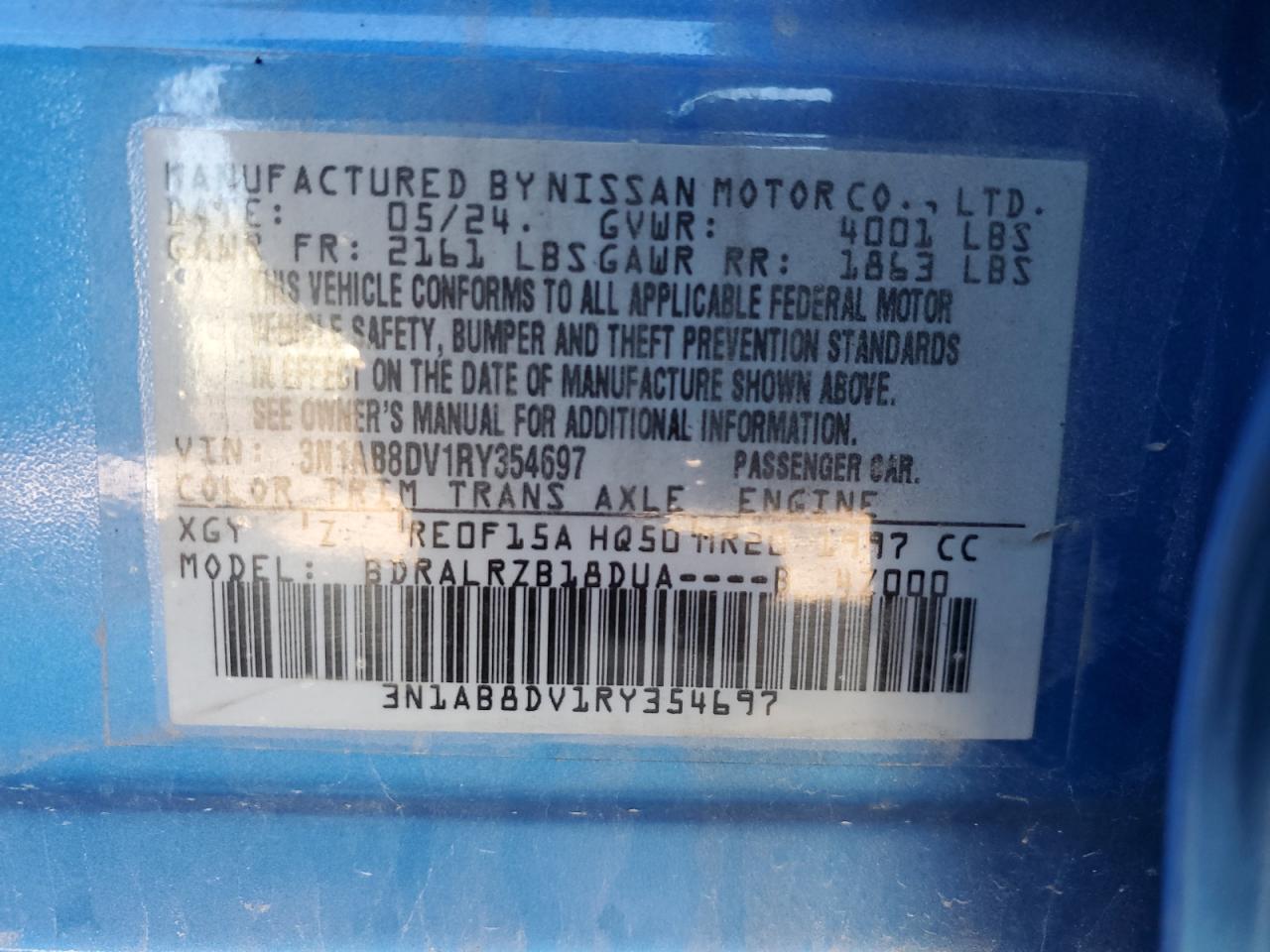 2024 Nissan Sentra Sr VIN: 3N1AB8DV1RY354697 Lot: 85899905