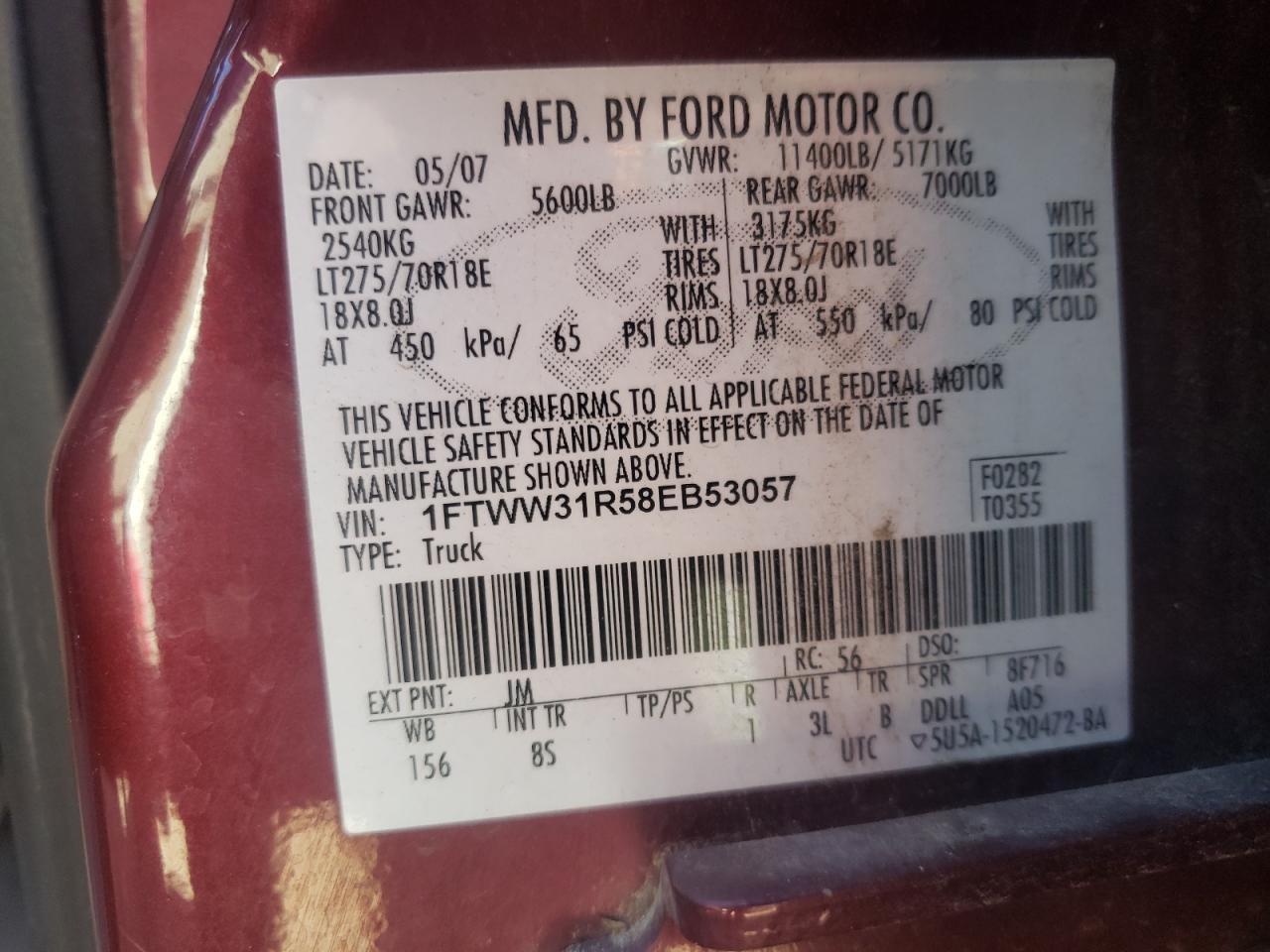 2008 Ford F350 Srw Super Duty VIN: 1FTWW31R58EB53057 Lot: 85285345