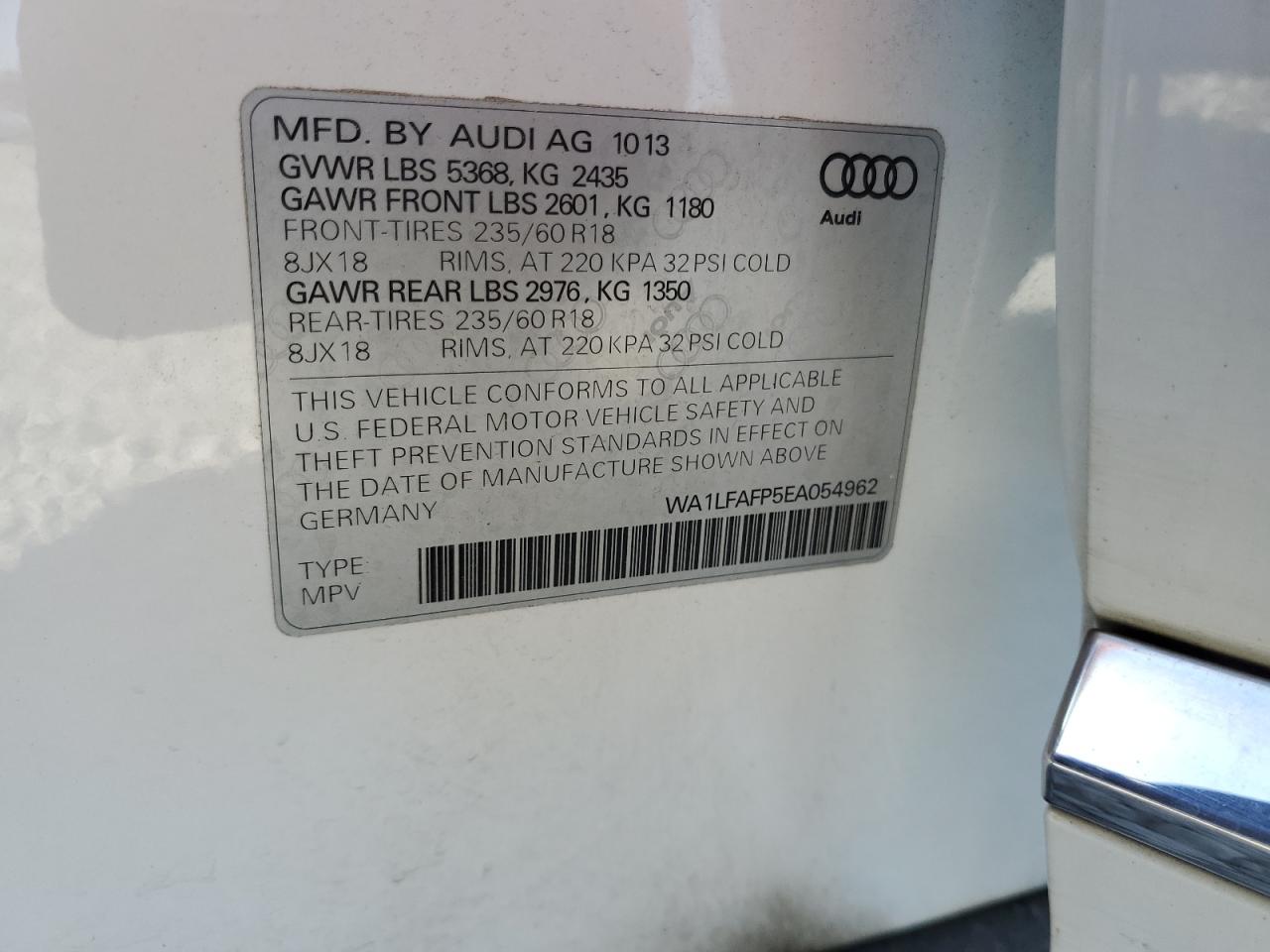 2014 Audi Q5 Premium Plus VIN: WA1LFAFP5EA054962 Lot: 89710185