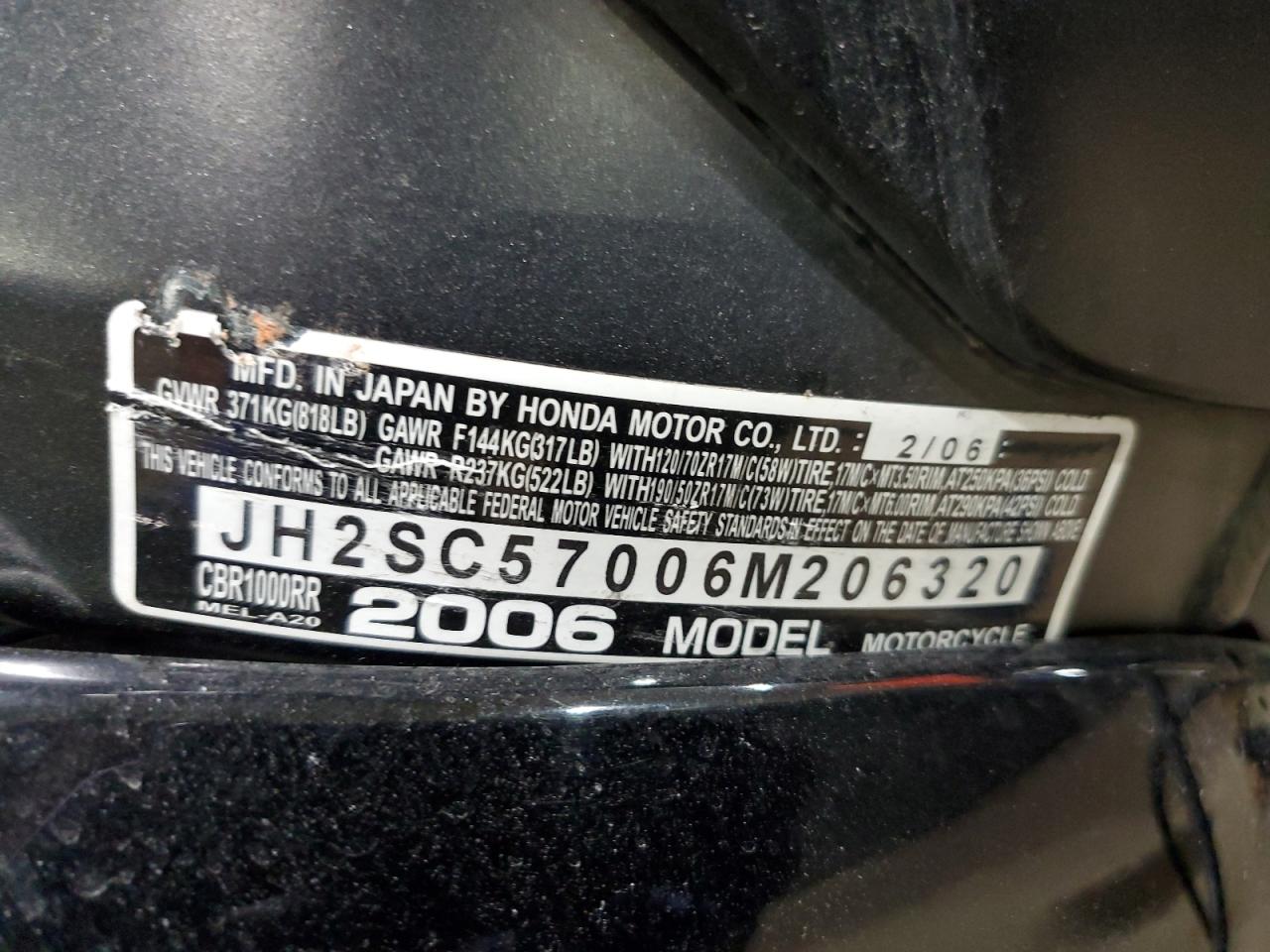 2006 Honda Cbr1000 Rr VIN: JH2SC57006M206320 Lot: 86081225