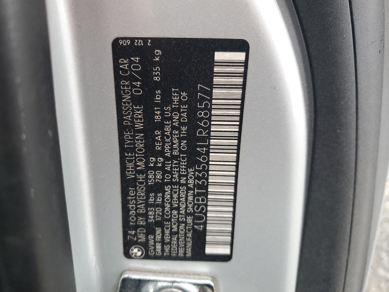 2004 BMW Z4 2.5 VIN: 4USBT33564LR68577 Lot: 86108155