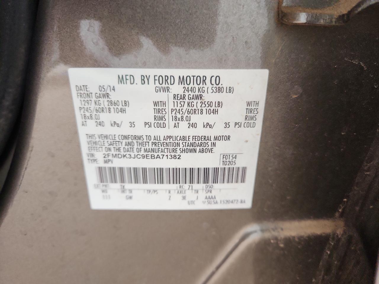 2014 Ford Edge Sel VIN: 2FMDK3JC9EBA71382 Lot: 85915785