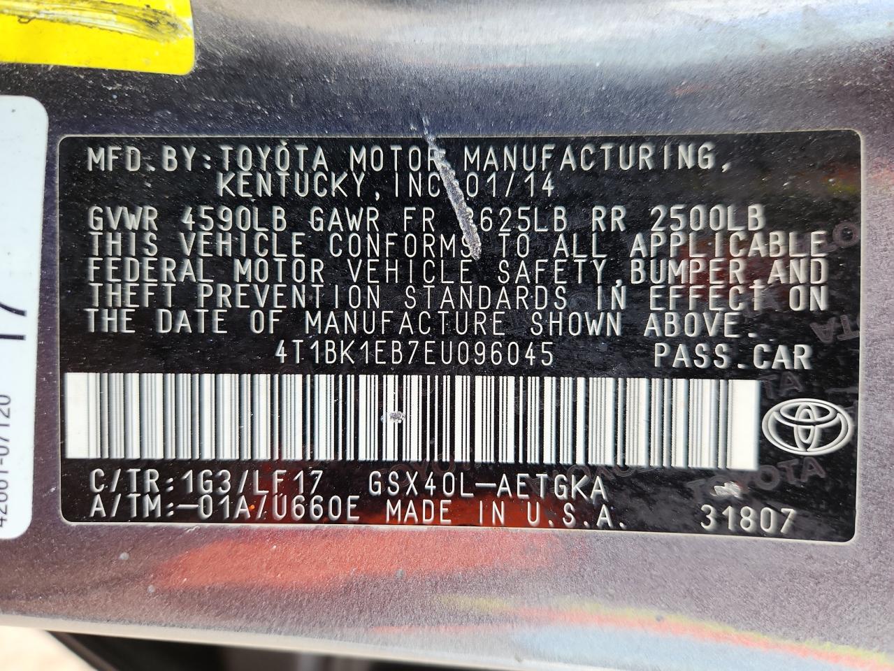 2014 Toyota Avalon Base VIN: 4T1BK1EB7EU096045 Lot: 86677485