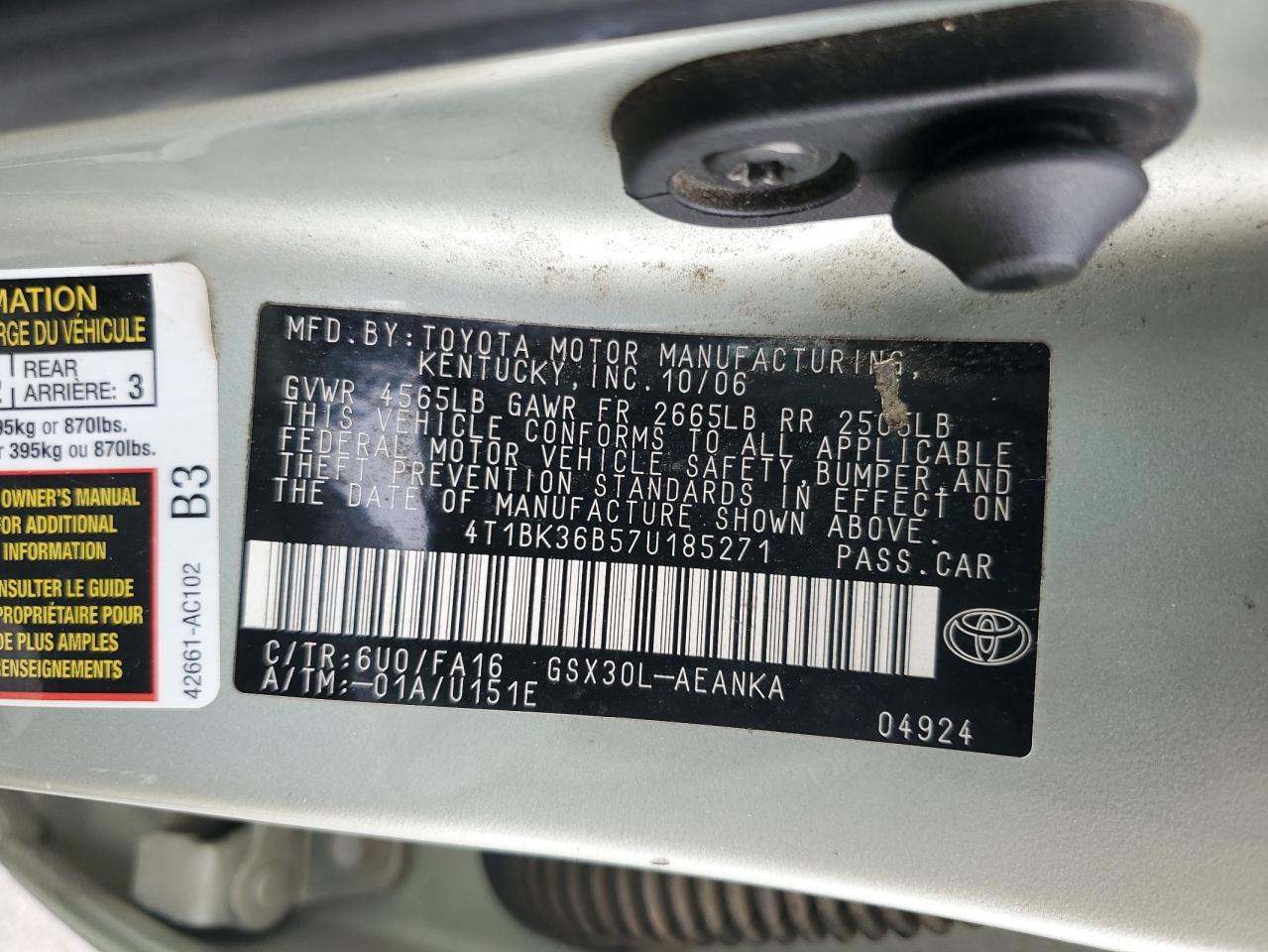 2007 Toyota Avalon Xl VIN: 4T1BK36B57U185271 Lot: 85863915