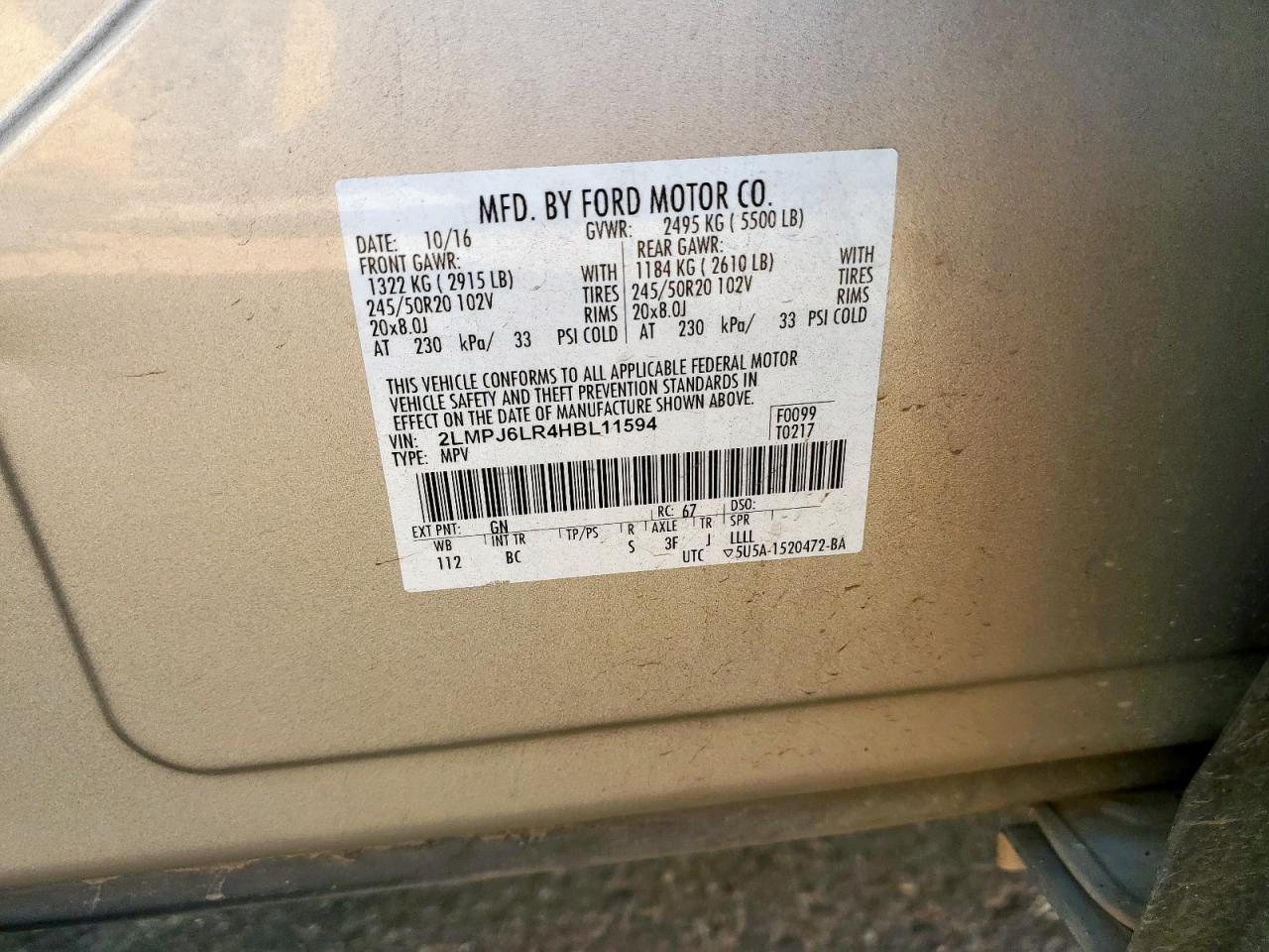 2017 Lincoln Mkx Reserve VIN: 2LMPJ6LR4HBL11594 Lot: 85828765